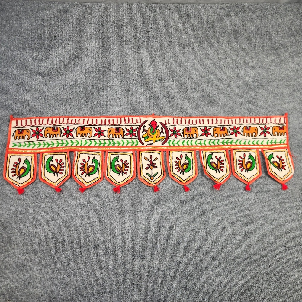 Vintage Indian Toran Hand Embroidered Ganesha Elephant Peacock Door Hanging 36in